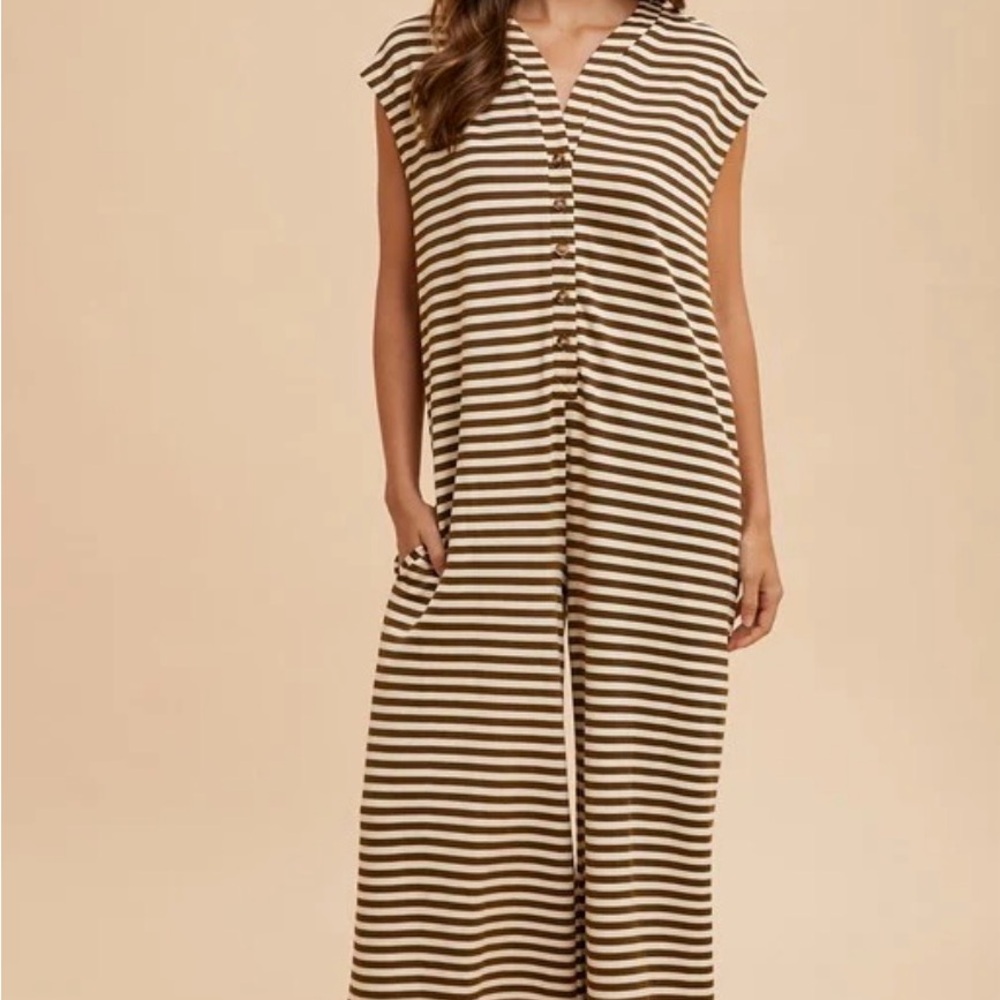 Sleeveless Striped Jumpsuit in Brown and Cream